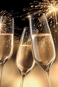 Sektgläser mit Feuerwerk im Hintergrund